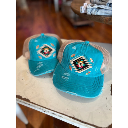 Aztec Criss Cross Hat - Turquoise