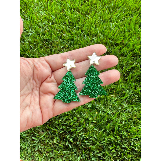 Green Glitter Christmas Tree Earrings Holiday Earrings