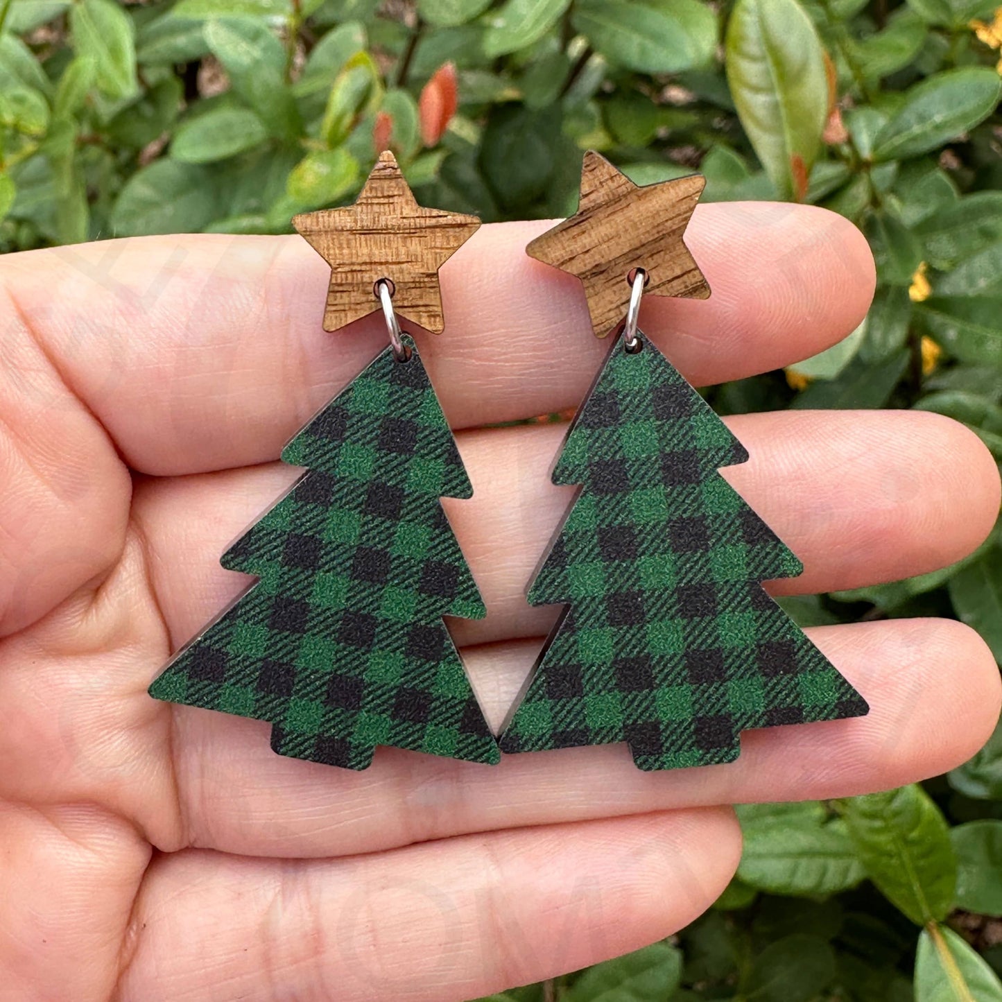 Green Plaid Christmas Tree Earrings Holiday Earrings