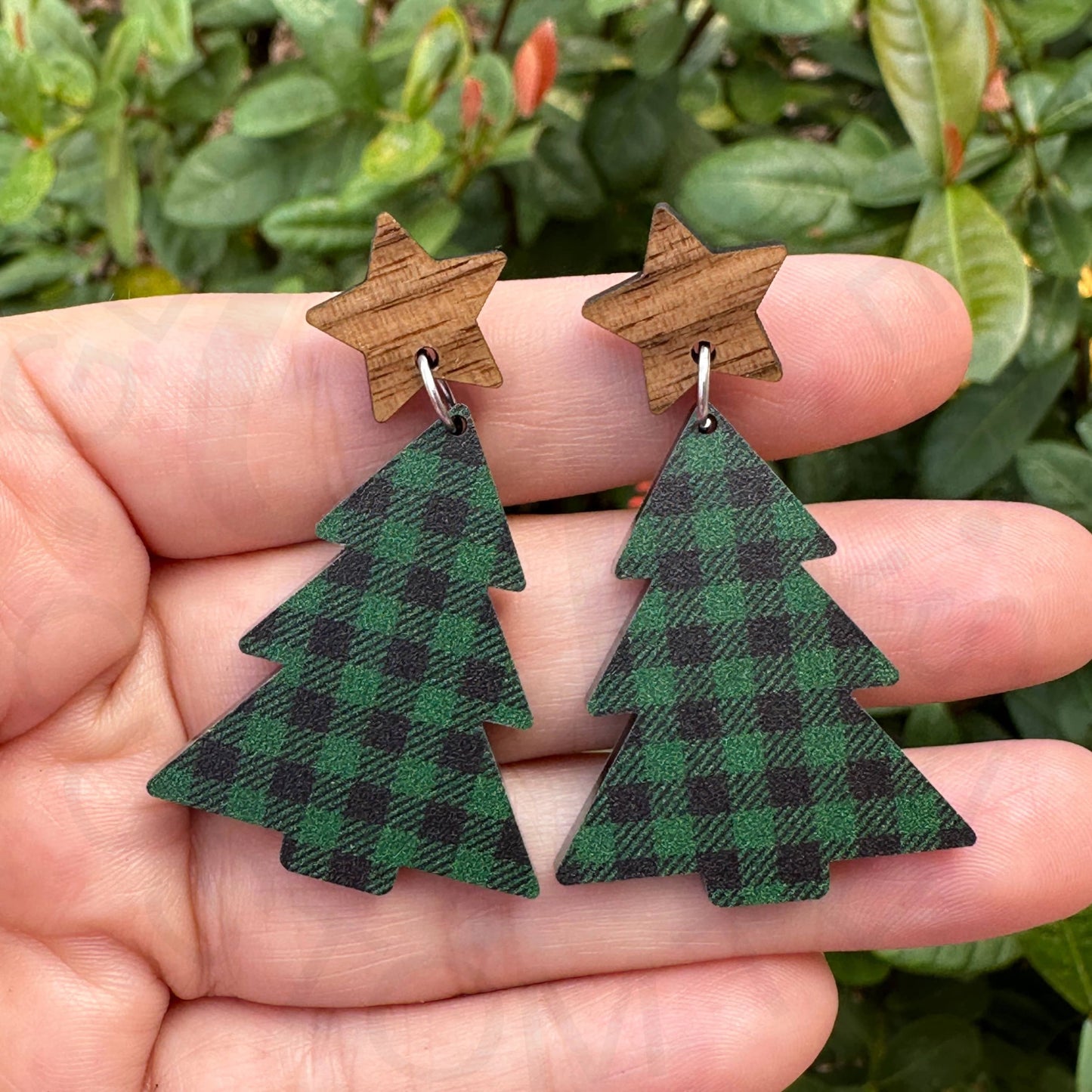 Green Plaid Christmas Tree Earrings Holiday Earrings