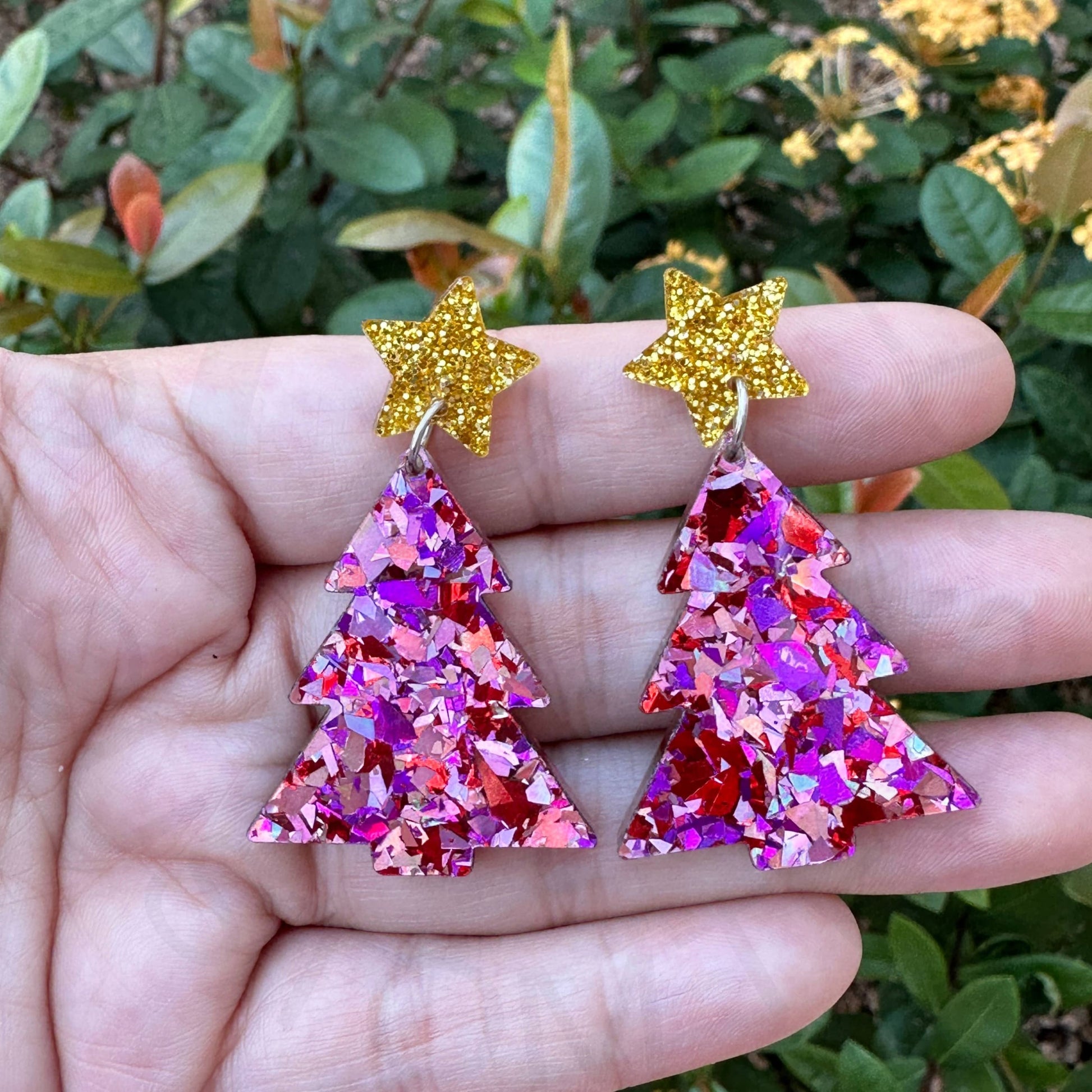 Multi Pink Confetti Christmas Tree Earrings Holiday Earring