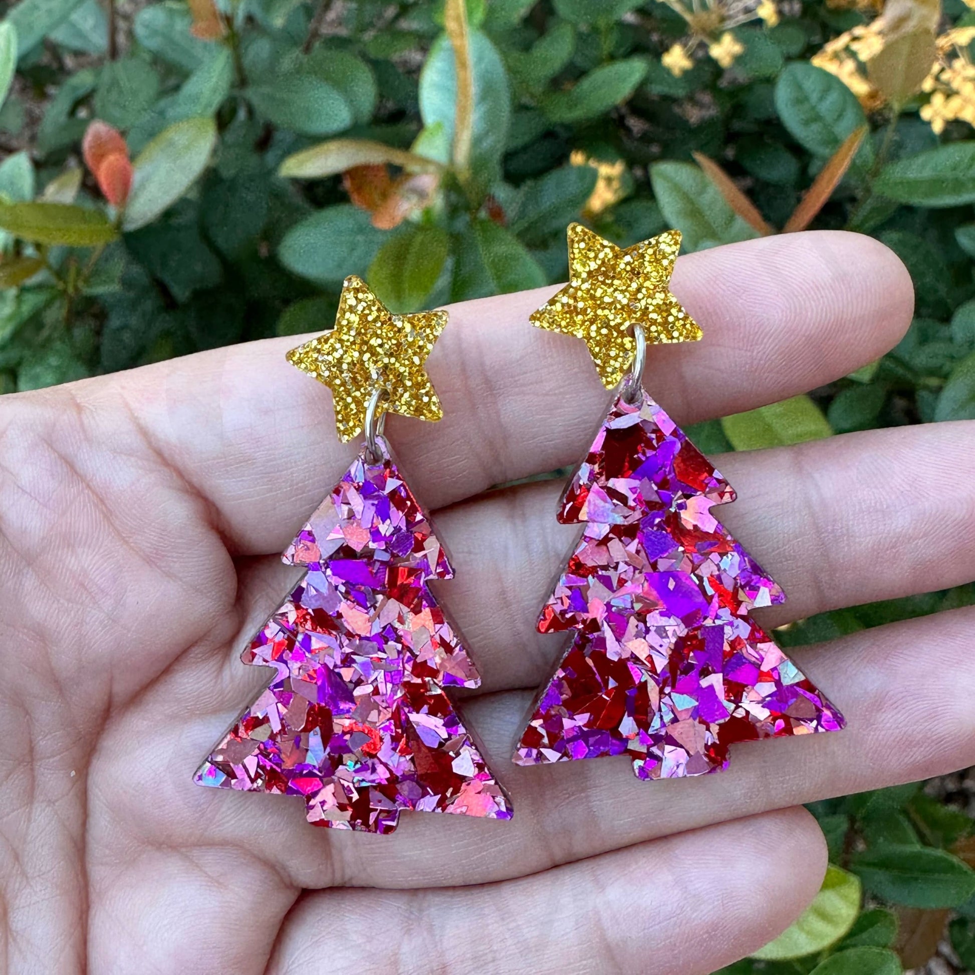 Multi Pink Confetti Christmas Tree Earrings Holiday Earring