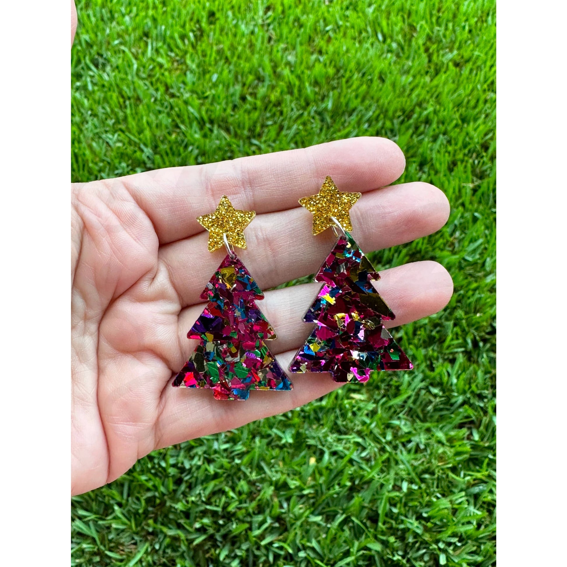 Pink Confetti Christmas Tree Earrings Holiday Earrings