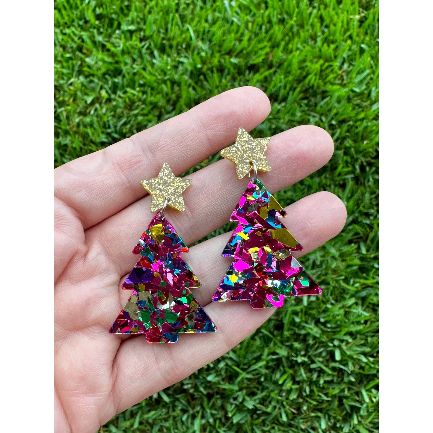 Pink Confetti Christmas Tree Earrings Holiday Earrings