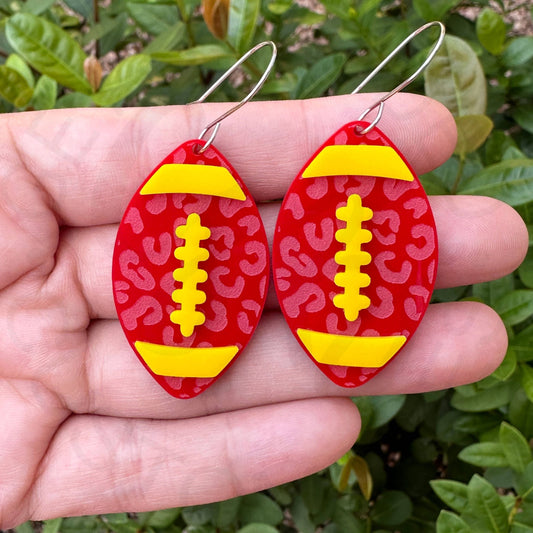 Red and Yellow Leopard Football Earrings Game Day - Apparel