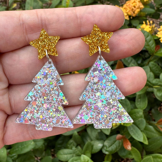 Silver Christmas Tree Earrings Holiday Earrings - Apparel &